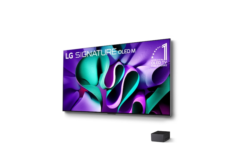 Left-facing side view of LG OLED TV, OLED M4 SIGNATURE on a stand, and a Zero Connect Box placed below the TV